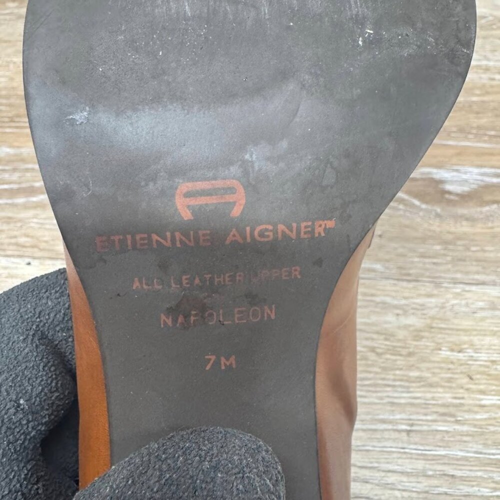 Etienne Aigner Napoleon Brown Leather Slip On Heels Women's Size 7 - Picture 5 of 7